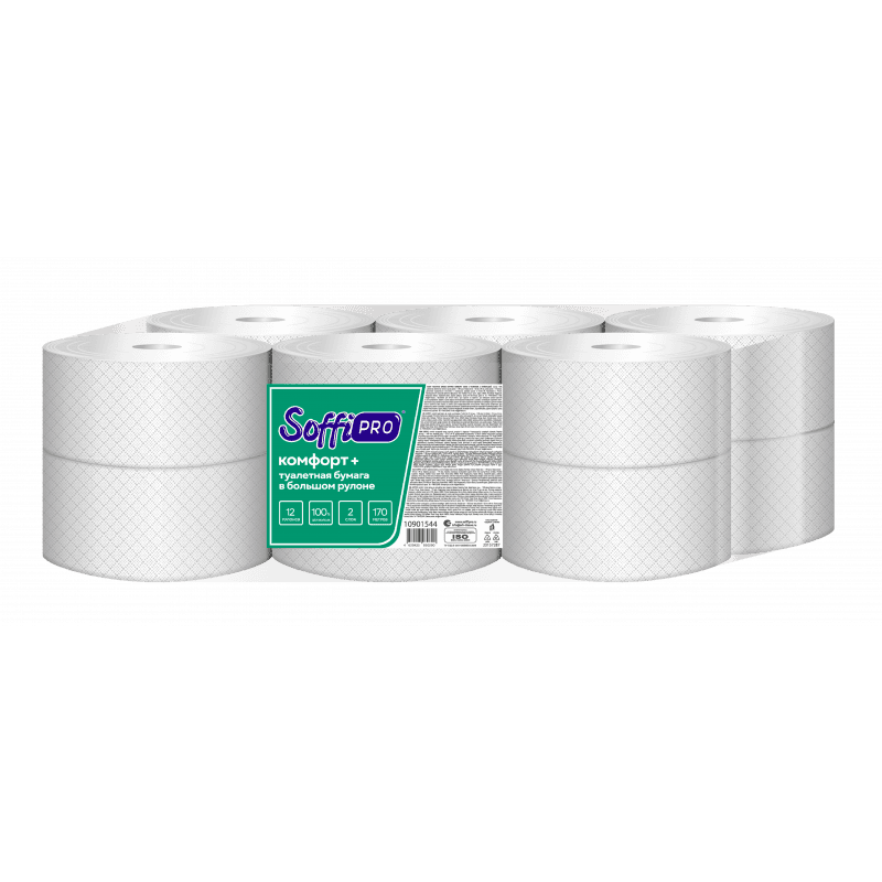 Туалетная бумага SoffiPRO Comfort+, в JUMBO рулонах, двухслойная, с тиснением, 170 метров, 12рулонов