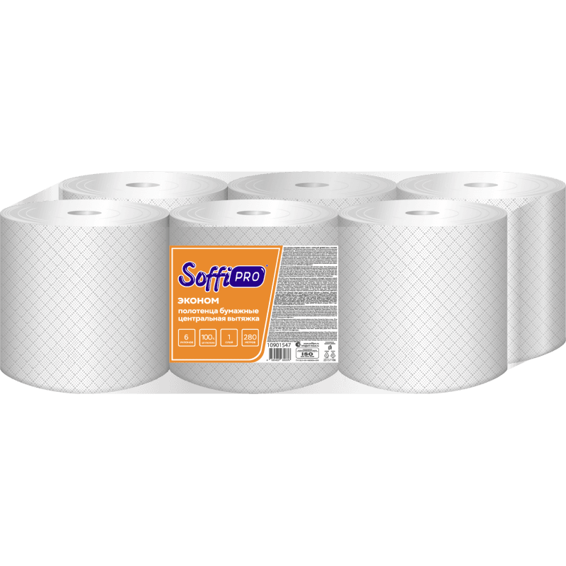 Бумажные полотенца SoffiPRO Econom, с центр. вытяжкой, 6 рулонов, 1 сл. с перф. 280м